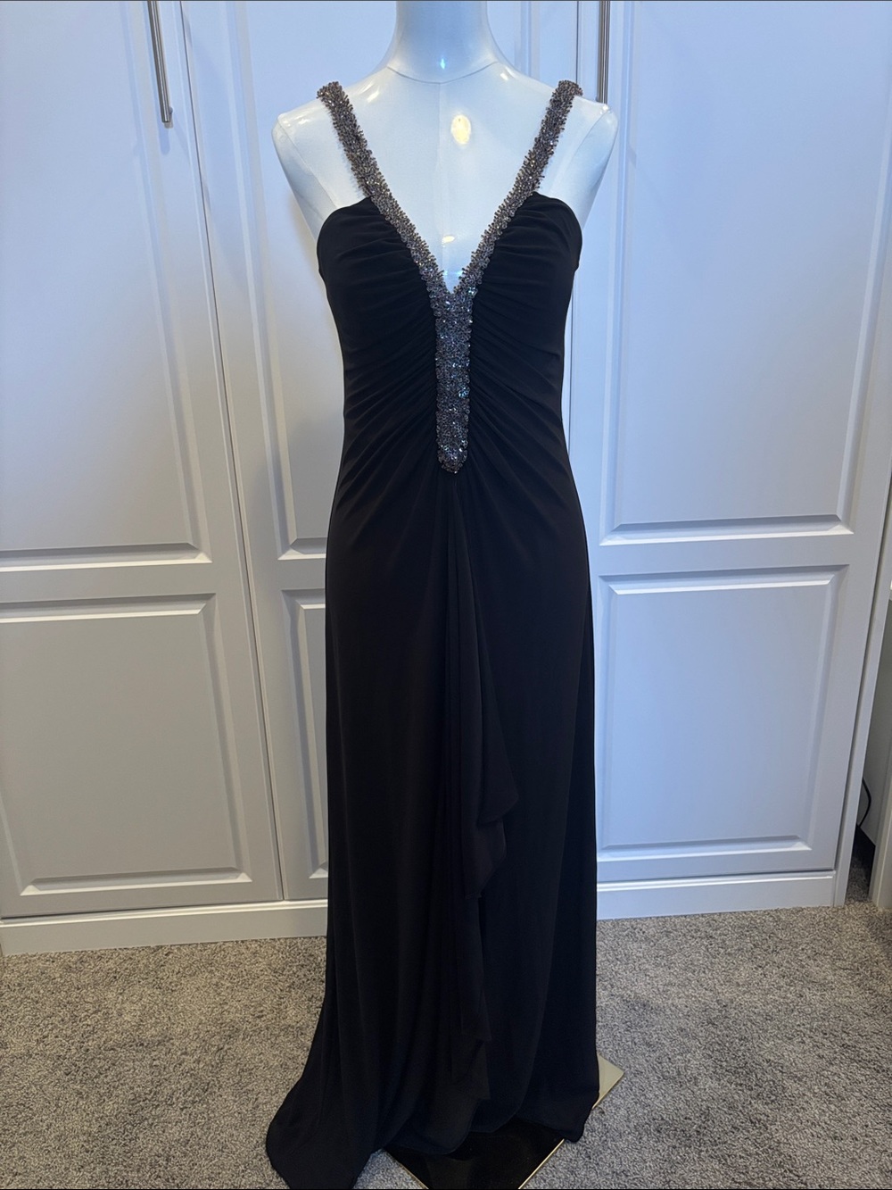 JS Boutique Black Gown with Beaded V-Straps